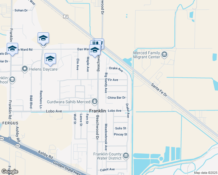 map of restaurants, bars, coffee shops, grocery stores, and more near 2197 Little Sandy Drive in Merced