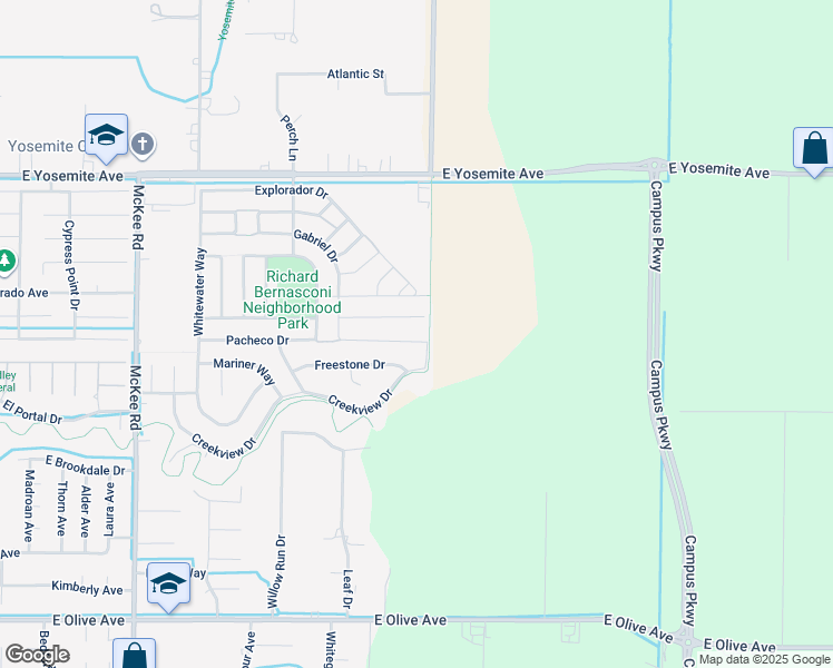 map of restaurants, bars, coffee shops, grocery stores, and more near 2475 Bastidas Drive in Merced