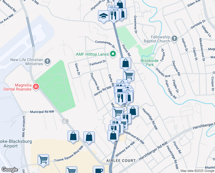 map of restaurants, bars, coffee shops, grocery stores, and more near 5705 Malvern Road in Roanoke