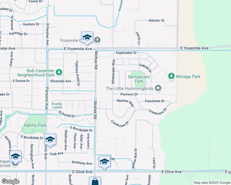 map of restaurants, bars, coffee shops, grocery stores, and more near 2311 Pacheco Drive in Merced