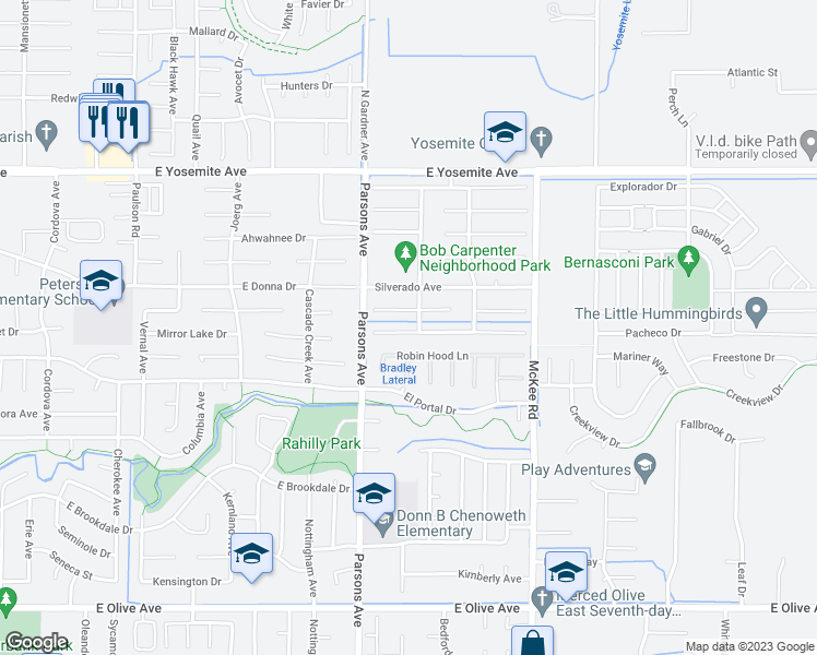 map of restaurants, bars, coffee shops, grocery stores, and more near 1875 Edgewood Court in Merced