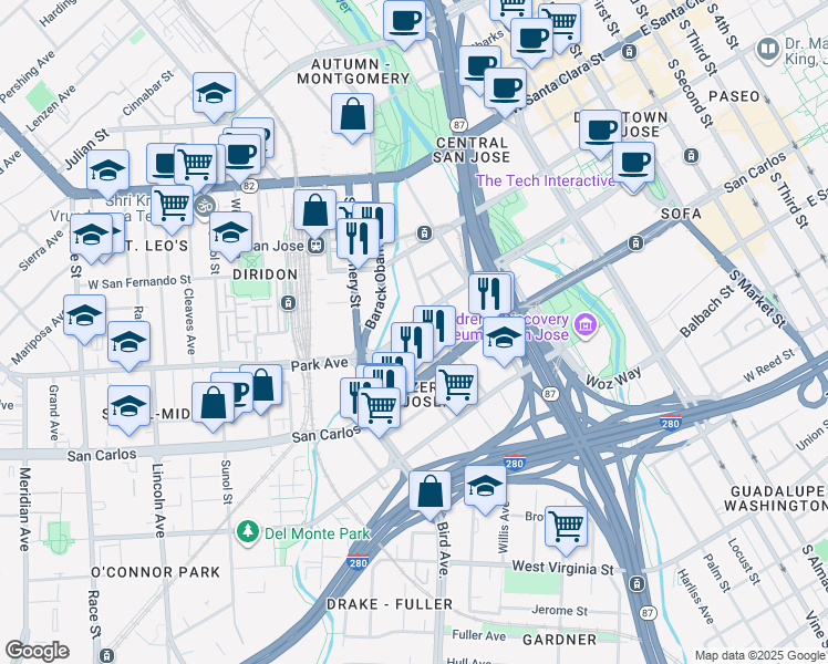 map of restaurants, bars, coffee shops, grocery stores, and more near 475 West San Carlos Street in San Jose