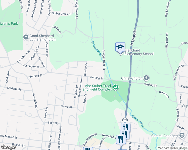 map of restaurants, bars, coffee shops, grocery stores, and more near 1112 Bertling Street in Cape Girardeau