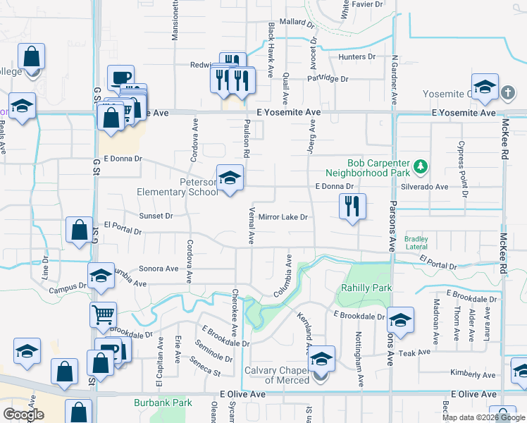 map of restaurants, bars, coffee shops, grocery stores, and more near 1027 Mirror Lake Drive in Merced