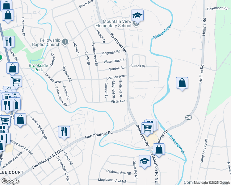 map of restaurants, bars, coffee shops, grocery stores, and more near 5333 Mayfield Street in Hollins