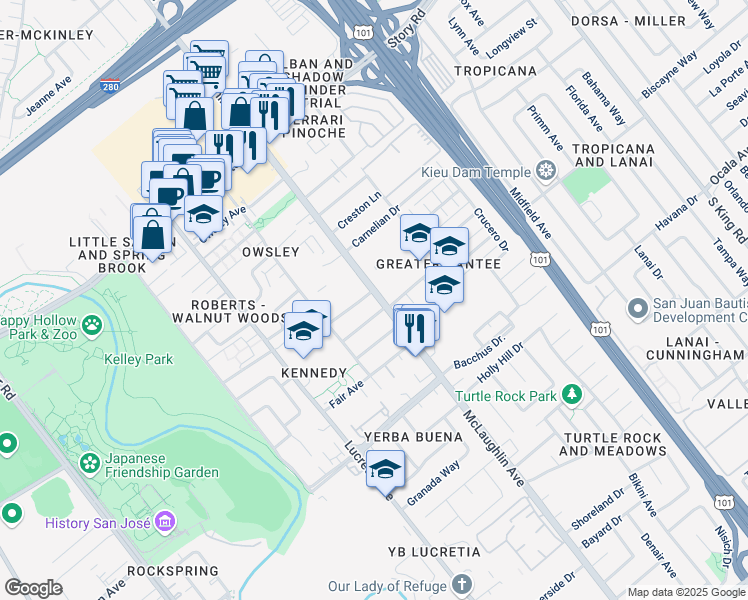 map of restaurants, bars, coffee shops, grocery stores, and more near 1560 McLaughlin Avenue in San Jose