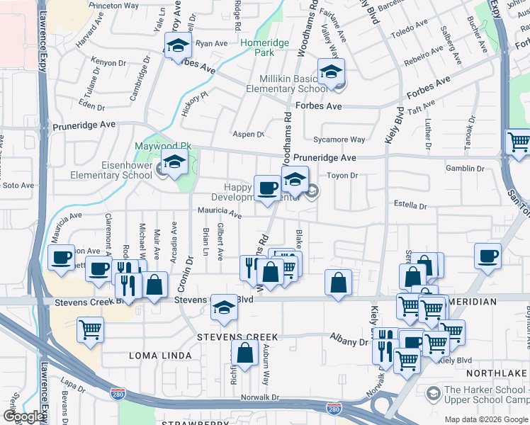 map of restaurants, bars, coffee shops, grocery stores, and more near 261 Woodhams Road in Santa Clara