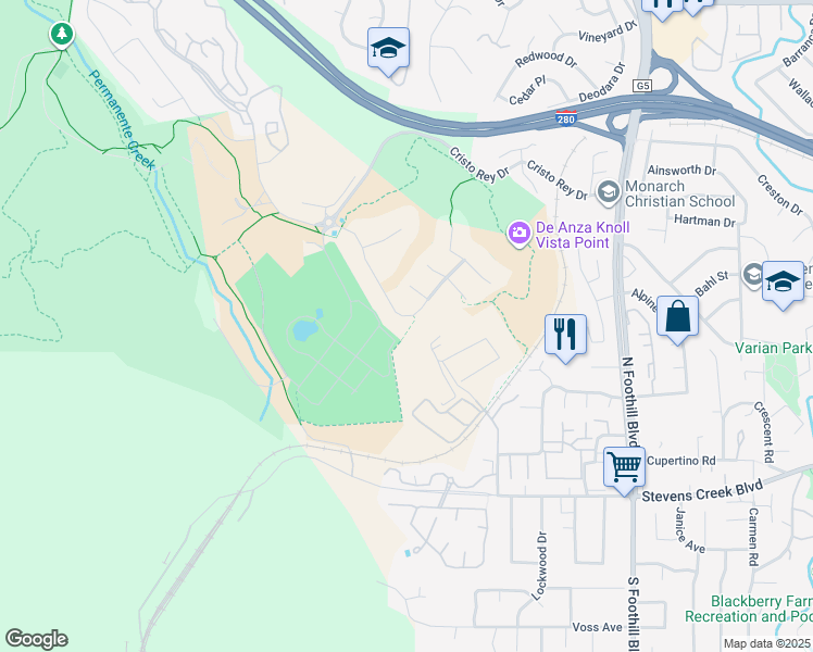 map of restaurants, bars, coffee shops, grocery stores, and more near 21090 Canyon Oak Way in Cupertino