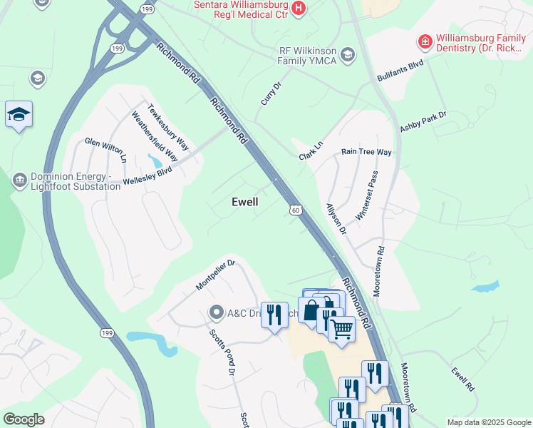 map of restaurants, bars, coffee shops, grocery stores, and more near 123 Neighbors Drive in Williamsburg