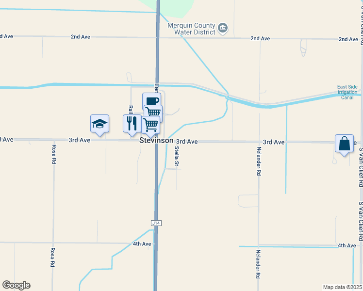 map of restaurants, bars, coffee shops, grocery stores, and more near 19887 3rd Avenue in Stevinson