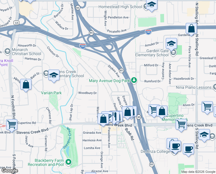 map of restaurants, bars, coffee shops, grocery stores, and more near 10335 Dempster Avenue in Cupertino