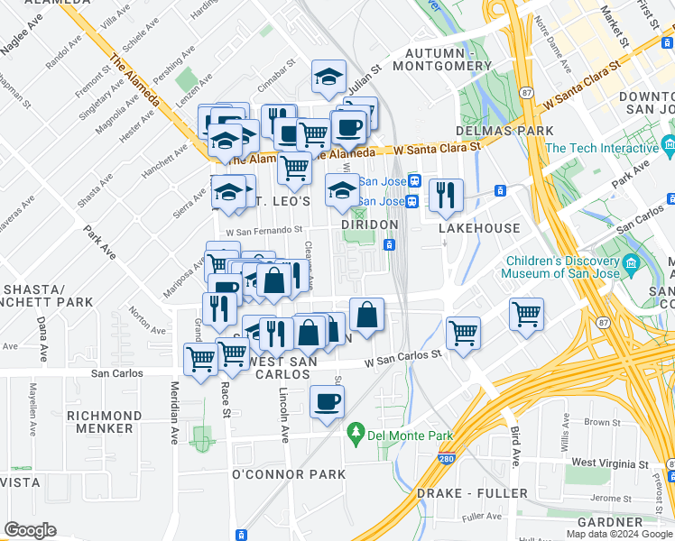 map of restaurants, bars, coffee shops, grocery stores, and more near 157 Sunol Street in San Jose
