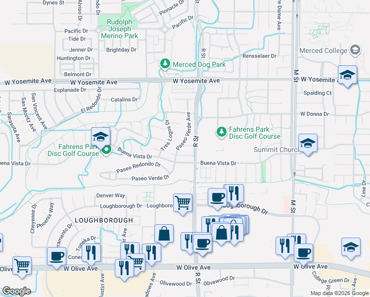 map of restaurants, bars, coffee shops, grocery stores, and more near 1134 Puerto Vallarta Court in Merced