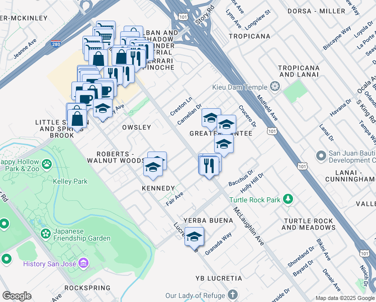 map of restaurants, bars, coffee shops, grocery stores, and more near 1560 McLaughlin Avenue in San Jose