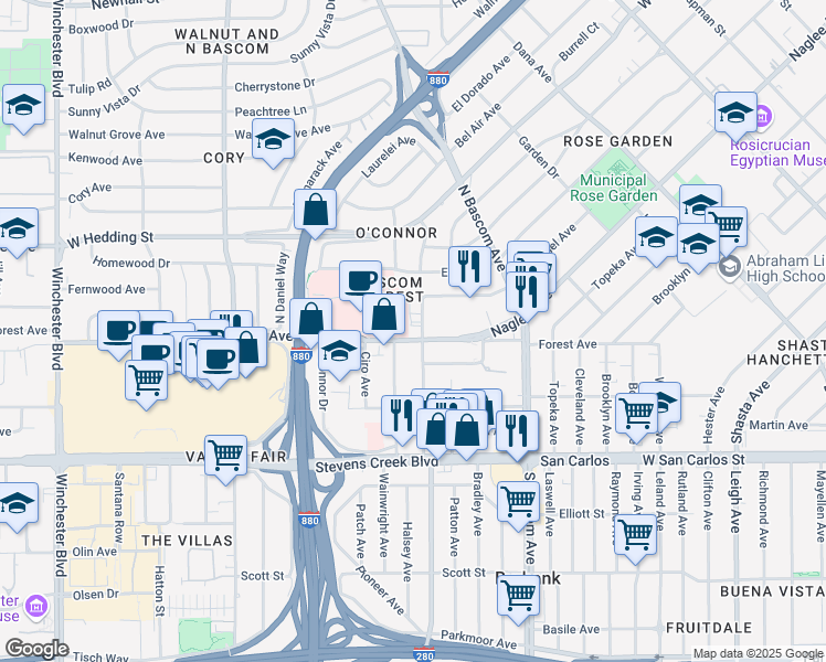 map of restaurants, bars, coffee shops, grocery stores, and more near 2081 Forest Avenue in San Jose