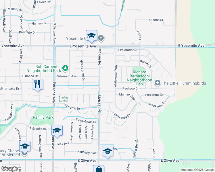 map of restaurants, bars, coffee shops, grocery stores, and more near 3398 McKee Road in Merced