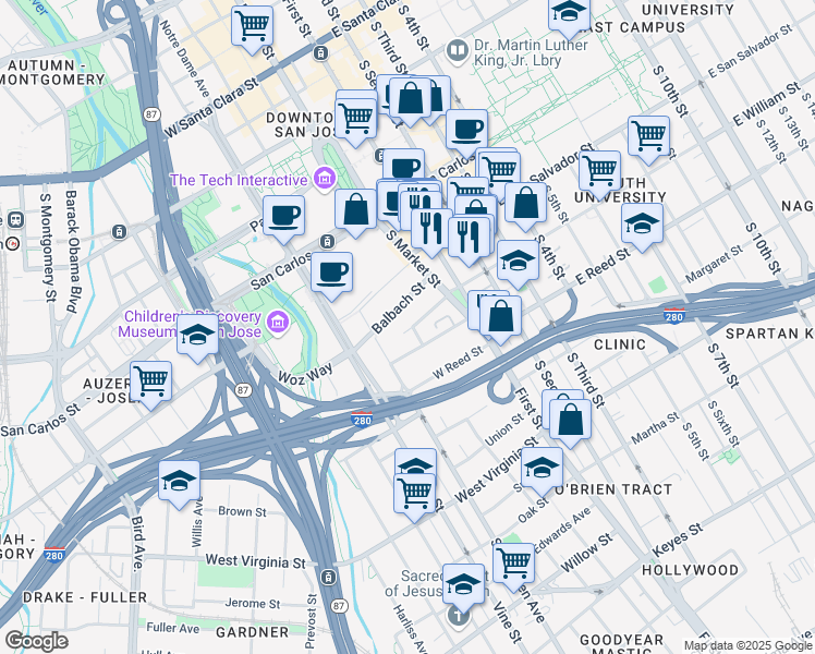 map of restaurants, bars, coffee shops, grocery stores, and more near 129 West William Street in San Jose