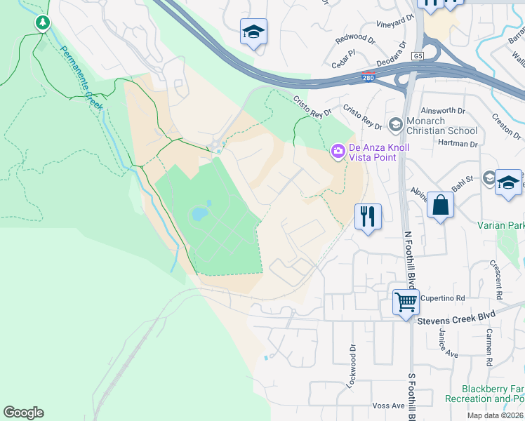 map of restaurants, bars, coffee shops, grocery stores, and more near 21090 Canyon Oak Way in Cupertino