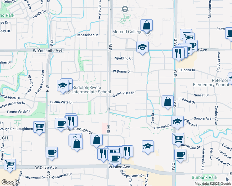 map of restaurants, bars, coffee shops, grocery stores, and more near 561 Buena Vista Drive in Merced