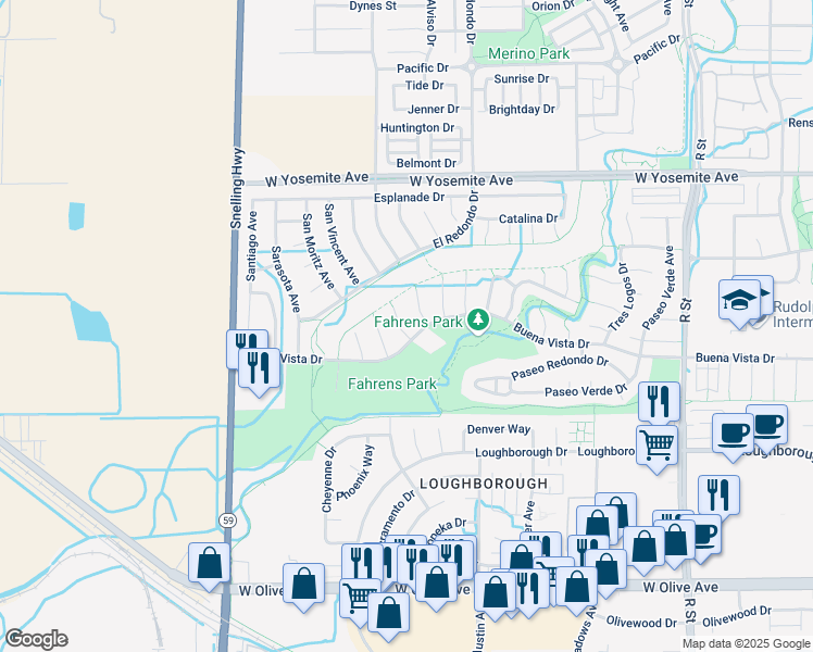 map of restaurants, bars, coffee shops, grocery stores, and more near 3436 San Carlos Court in Merced