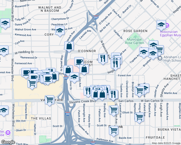 map of restaurants, bars, coffee shops, grocery stores, and more near 2081 Forest Avenue in San Jose