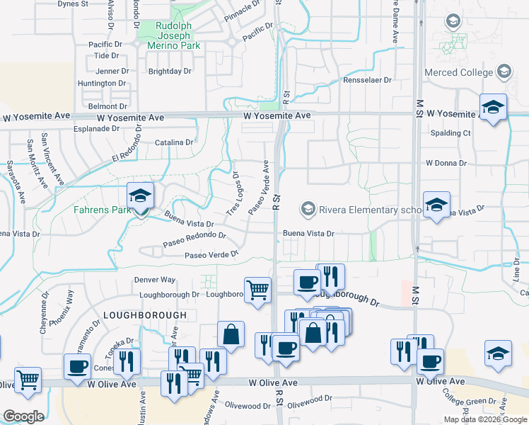 map of restaurants, bars, coffee shops, grocery stores, and more near 1124 Puerto Vallarta Court in Merced