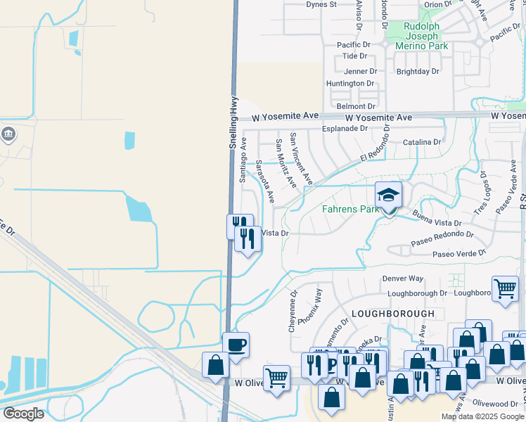 map of restaurants, bars, coffee shops, grocery stores, and more near 3518 San Isidro Avenue in Merced