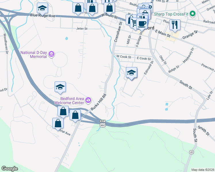 map of restaurants, bars, coffee shops, grocery stores, and more near 725 Burks Hill Road in Bedford