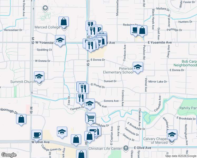 map of restaurants, bars, coffee shops, grocery stores, and more near Oakhurst Avenue & Sunset Court in Merced