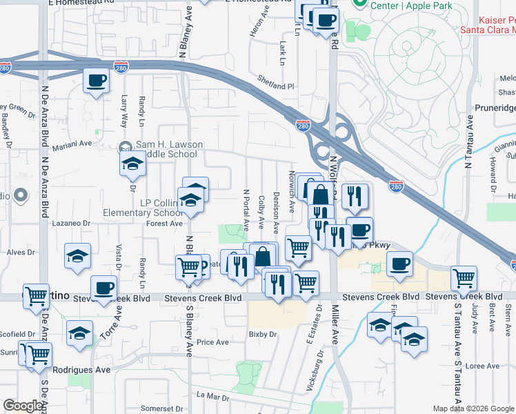 map of restaurants, bars, coffee shops, grocery stores, and more near 10299 Colby Avenue in Cupertino