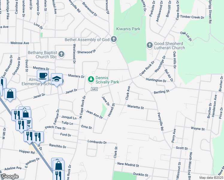 map of restaurants, bars, coffee shops, grocery stores, and more near 1572 Howell Street in Cape Girardeau