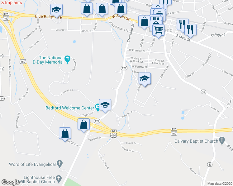 map of restaurants, bars, coffee shops, grocery stores, and more near 725 Burks Hill Road in Bedford