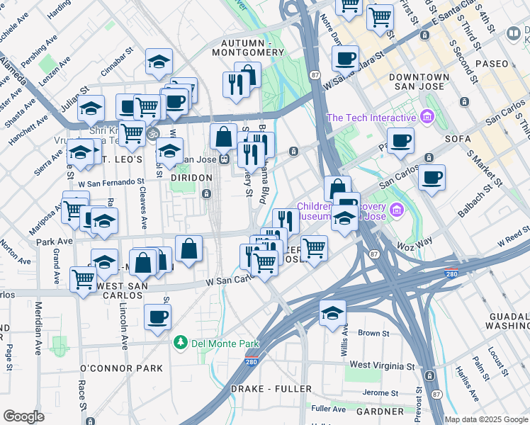 map of restaurants, bars, coffee shops, grocery stores, and more near 911 South Autumn Street in San Jose