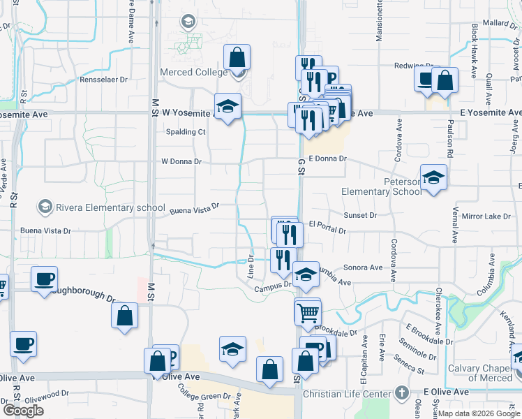 map of restaurants, bars, coffee shops, grocery stores, and more near 310 Buena Vista Court in Merced