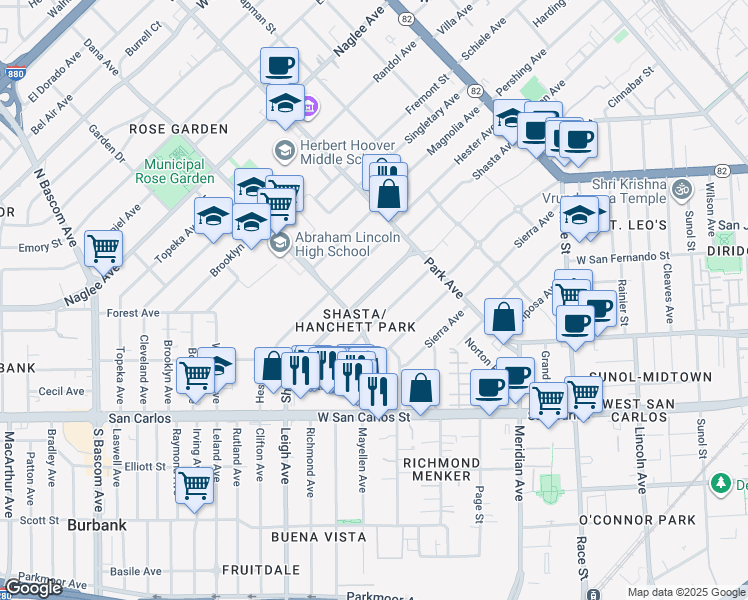 map of restaurants, bars, coffee shops, grocery stores, and more near 1536 Shasta Avenue in San Jose
