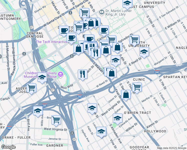 map of restaurants, bars, coffee shops, grocery stores, and more near 129 West William Street in San Jose