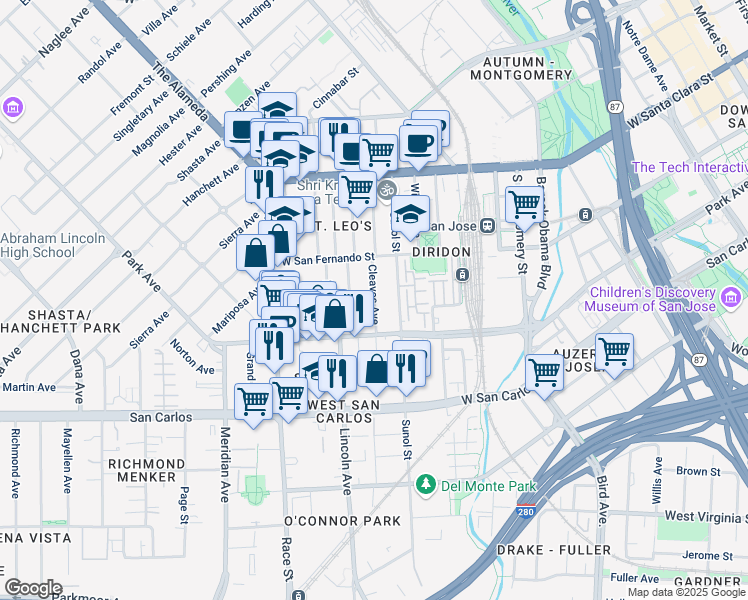 map of restaurants, bars, coffee shops, grocery stores, and more near 158 South Morrison Avenue in San Jose