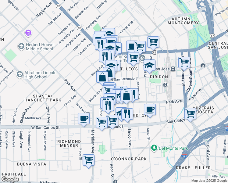 map of restaurants, bars, coffee shops, grocery stores, and more near in San Jose