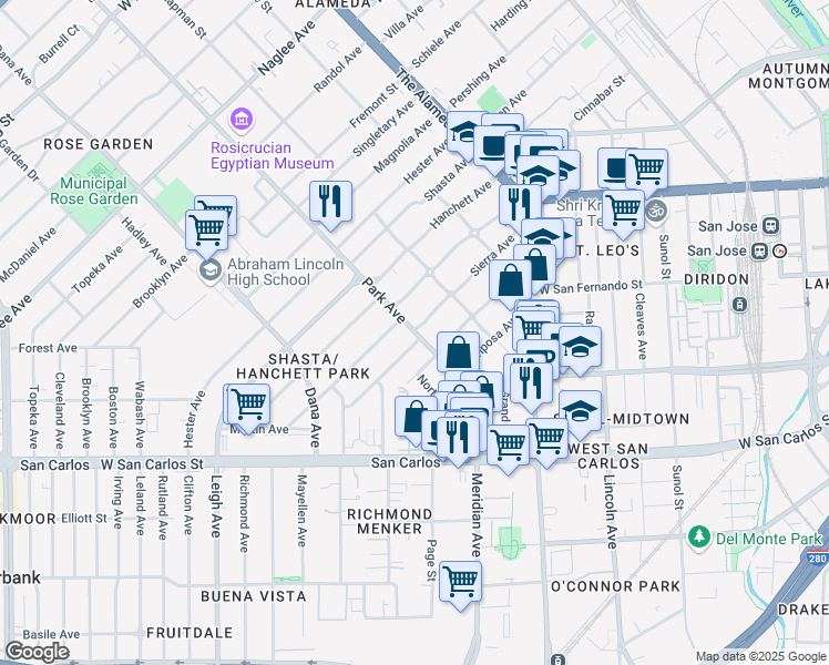map of restaurants, bars, coffee shops, grocery stores, and more near 1376 Sierra Avenue in San Jose