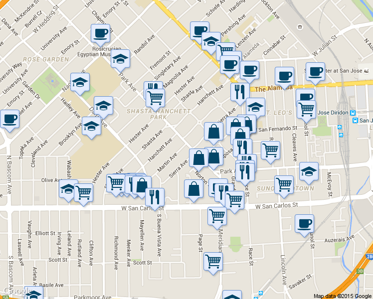 map of restaurants, bars, coffee shops, grocery stores, and more near 1259 Park Avenue in San Jose