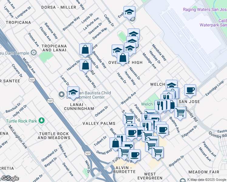 map of restaurants, bars, coffee shops, grocery stores, and more near 2095 Orlando Drive in San Jose