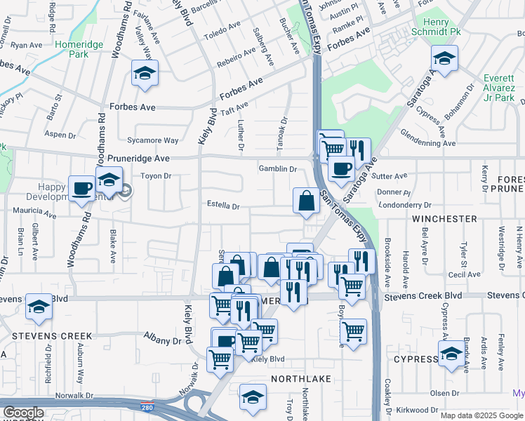 map of restaurants, bars, coffee shops, grocery stores, and more near 2672 Estella Drive in Santa Clara
