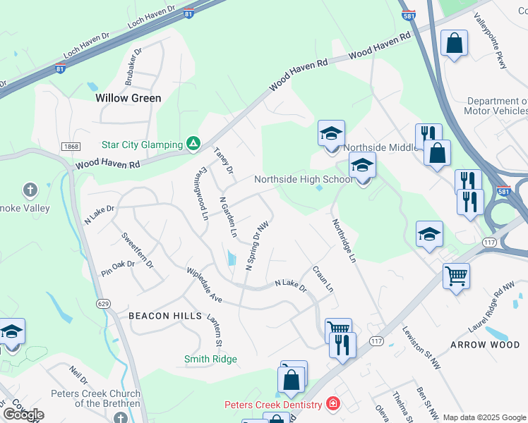 map of restaurants, bars, coffee shops, grocery stores, and more near 5258 North Spring Drive Northwest in Roanoke
