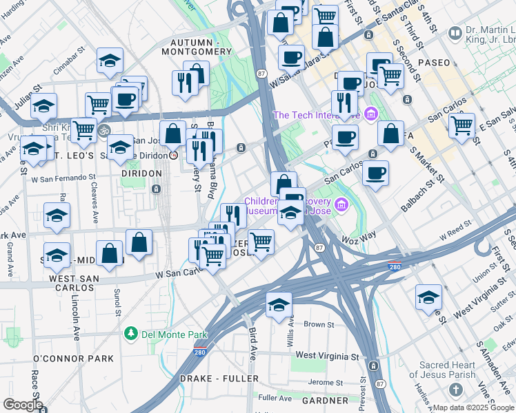 map of restaurants, bars, coffee shops, grocery stores, and more near in San Jose