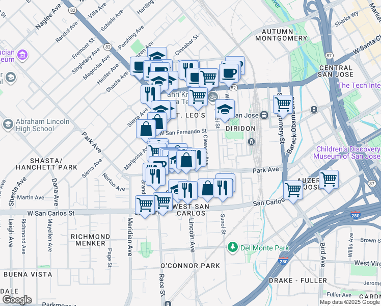 map of restaurants, bars, coffee shops, grocery stores, and more near 158 South Morrison Avenue in San Jose