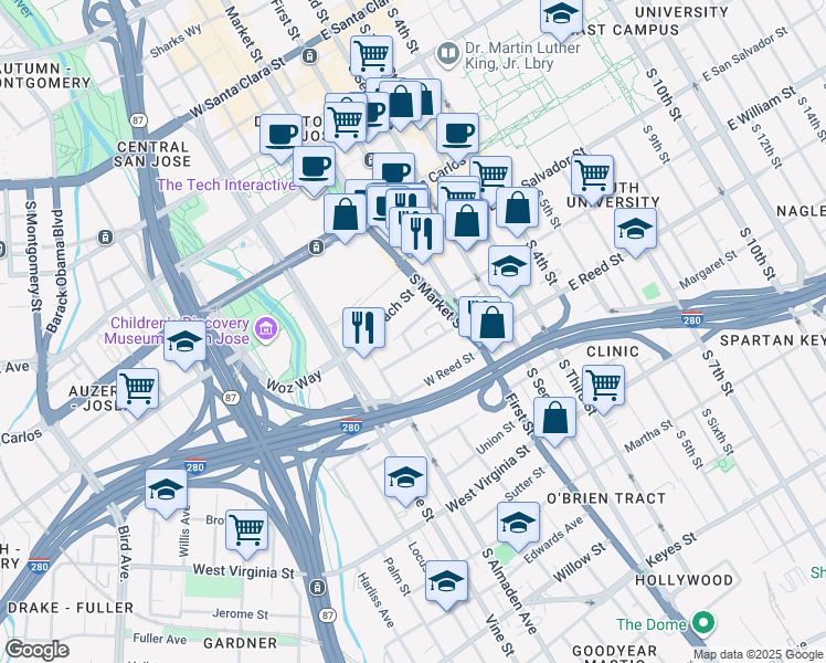map of restaurants, bars, coffee shops, grocery stores, and more near 129 West William Street in San Jose