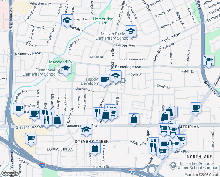 map of restaurants, bars, coffee shops, grocery stores, and more near 261 Woodhams Road in Santa Clara
