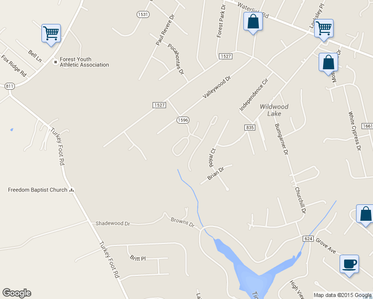 map of restaurants, bars, coffee shops, grocery stores, and more near 204 Goose Ridge Drive in Forest
