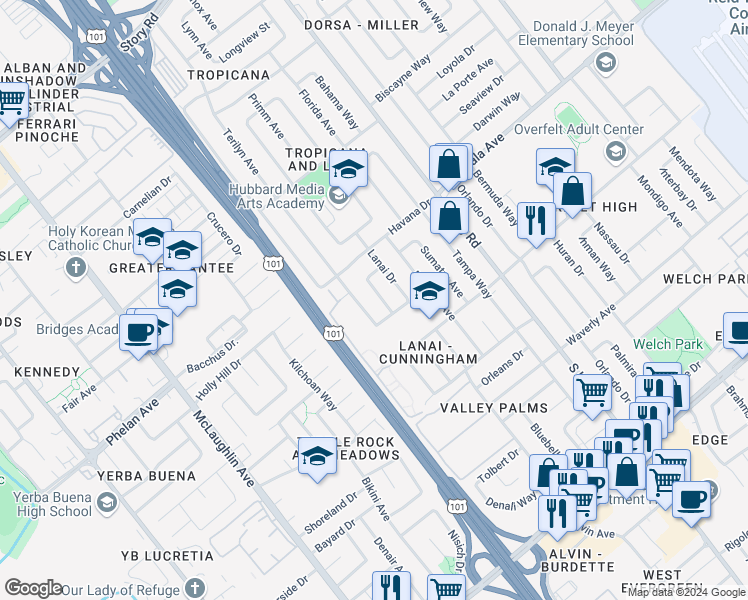 map of restaurants, bars, coffee shops, grocery stores, and more near 1889 Sarasota Way in San Jose