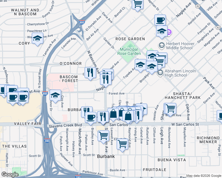 map of restaurants, bars, coffee shops, grocery stores, and more near 238 Topeka Avenue in San Jose